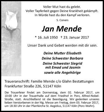 Anzeige von Jan Mende von Kölner Stadt-Anzeiger / Kölnische Rundschau / Express