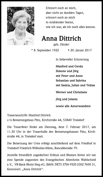 Anzeige von Anna Dittrich von Kölner Stadt-Anzeiger / Kölnische Rundschau / Express