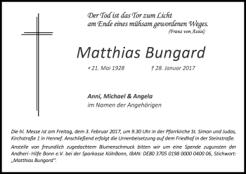 Anzeige von Matthias Bungard von Kölner Stadt-Anzeiger / Kölnische Rundschau / Express