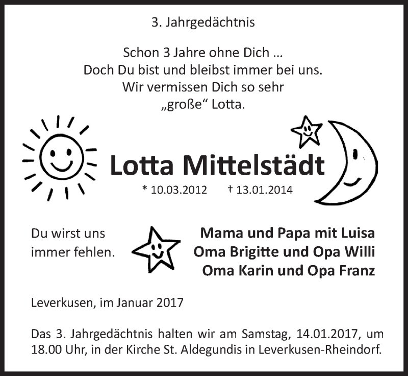  Traueranzeige für Lotta Mittelstädt vom 11.01.2017 aus  Lokale Informationen  Schlossbote/Werbekurier 