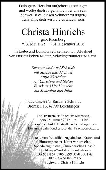 Anzeige von Christa Hinrichs von Kölner Stadt-Anzeiger / Kölnische Rundschau / Express