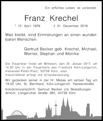 Anzeige von Franz Krechel von Kölner Stadt-Anzeiger / Kölnische Rundschau / Express