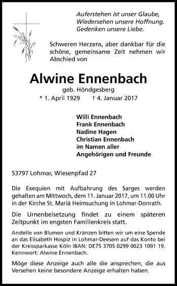 Anzeige von Alwine Ennenbach von Kölner Stadt-Anzeiger / Kölnische Rundschau / Express