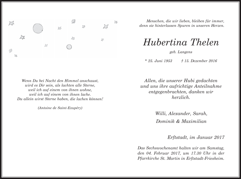  Traueranzeige für Hubertina Thelen vom 18.07.2023 aus  Werbepost 