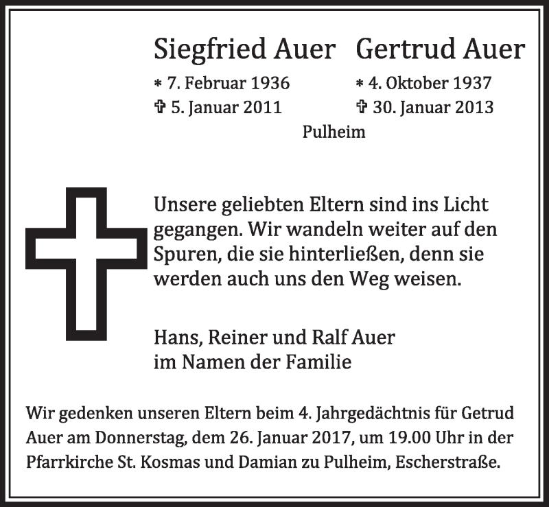  Traueranzeige für Siegfried und Gertraud Auer vom 21.01.2017 aus  Sonntags-Post 