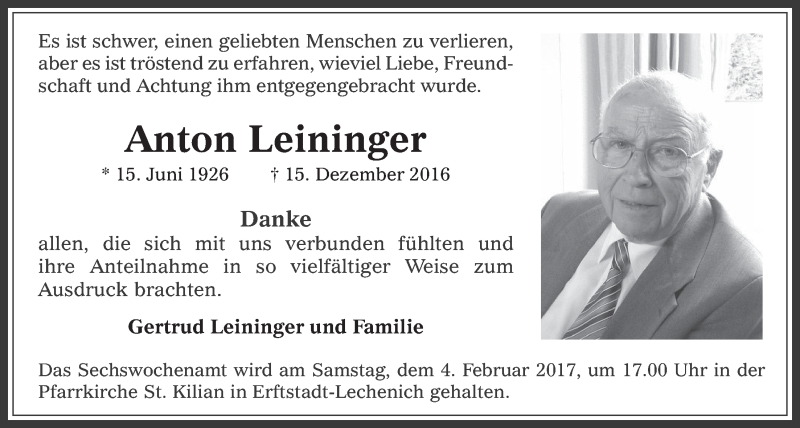  Traueranzeige für Anton Leininger vom 25.01.2017 aus  Werbepost 