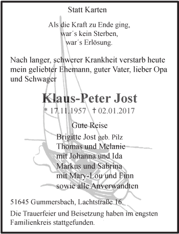 Anzeige von Klaus-Peter Jost von  Anzeigen Echo 
