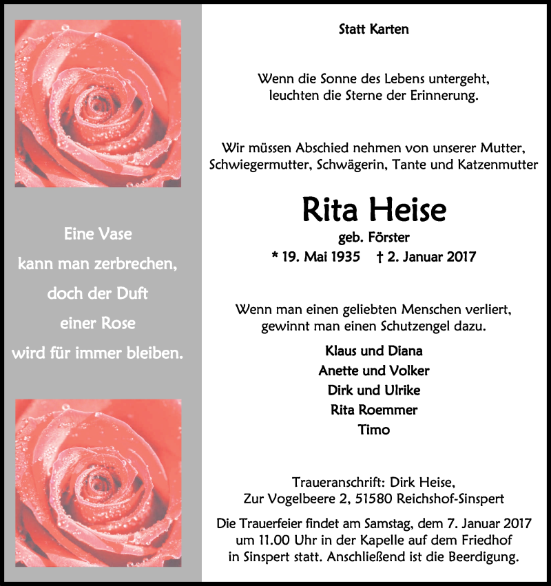  Traueranzeige für Rita Heise vom 05.01.2017 aus Kölner Stadt-Anzeiger / Kölnische Rundschau / Express