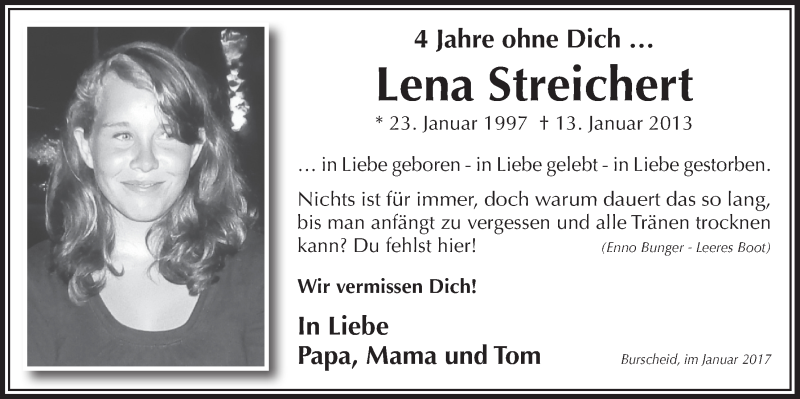 Traueranzeige für Lena Streichert vom 18.01.2017 aus  Lokale Informationen 