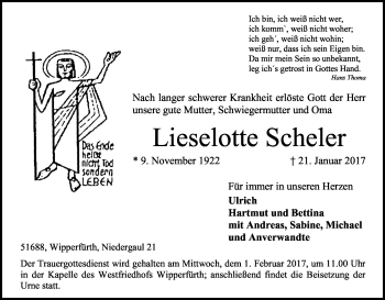 Anzeige von Lieselotte Scheler von Kölner Stadt-Anzeiger / Kölnische Rundschau / Express