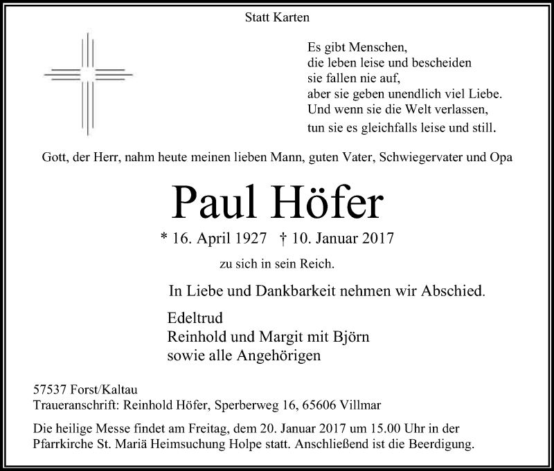  Traueranzeige für Paul Höfer vom 14.01.2017 aus Kölner Stadt-Anzeiger / Kölnische Rundschau / Express