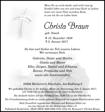 Anzeige von Christa Braun von Kölner Stadt-Anzeiger / Kölnische Rundschau / Express