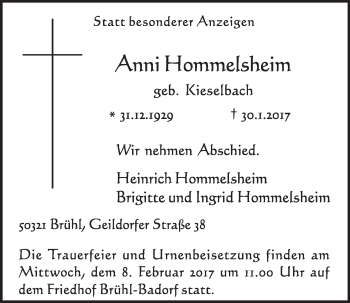 Anzeige von Anni Hommesheim von  Schlossbote/Werbekurier 