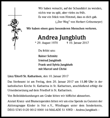 Anzeige von Andrea Jungbluth von Kölner Stadt-Anzeiger / Kölnische Rundschau / Express