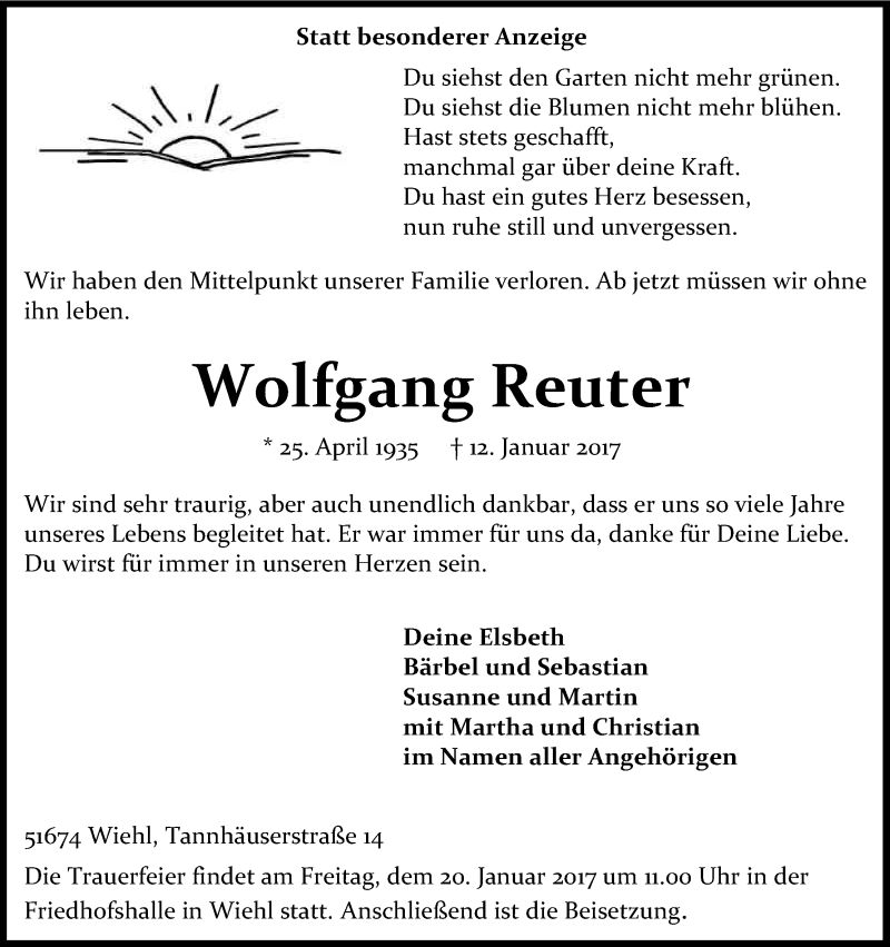  Traueranzeige für Wolfgang Reuter vom 17.01.2017 aus Kölner Stadt-Anzeiger / Kölnische Rundschau / Express