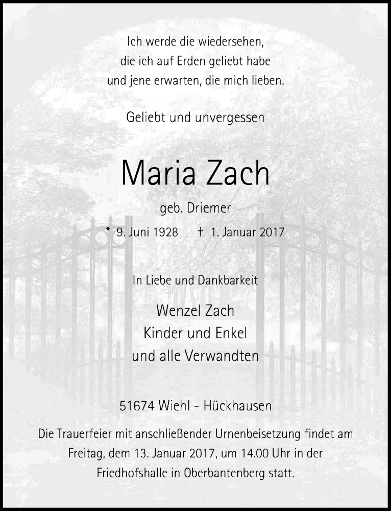  Traueranzeige für Maria Zach vom 11.01.2017 aus  Anzeigen Echo 