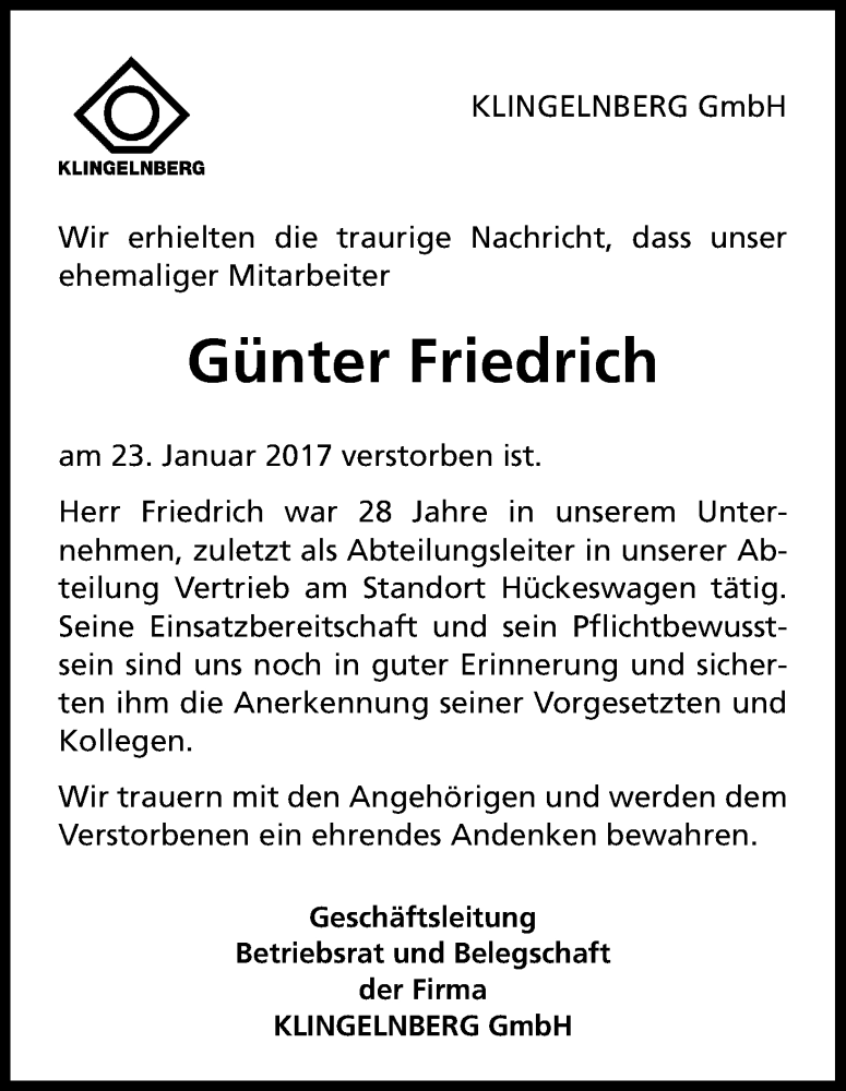  Traueranzeige für Günter Friedrich vom 28.01.2017 aus Kölner Stadt-Anzeiger / Kölnische Rundschau / Express