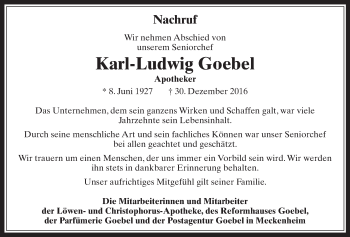 Anzeige von Karl-Ludwig Goebel von  Schaufenster/Blickpunkt 