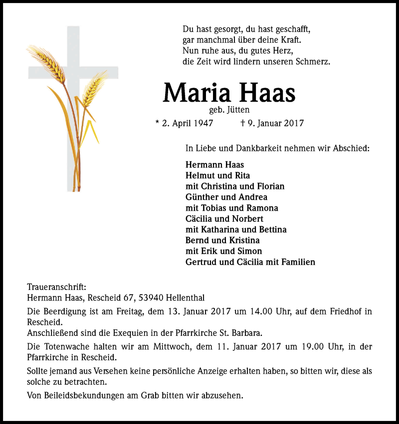  Traueranzeige für Maria Haas vom 11.01.2017 aus Kölner Stadt-Anzeiger / Kölnische Rundschau / Express