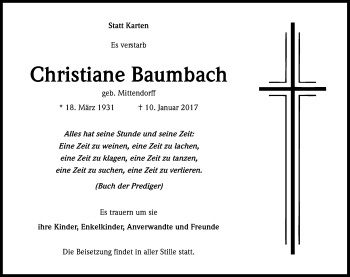 Anzeige von Christiane Baumbach von Kölner Stadt-Anzeiger / Kölnische Rundschau / Express