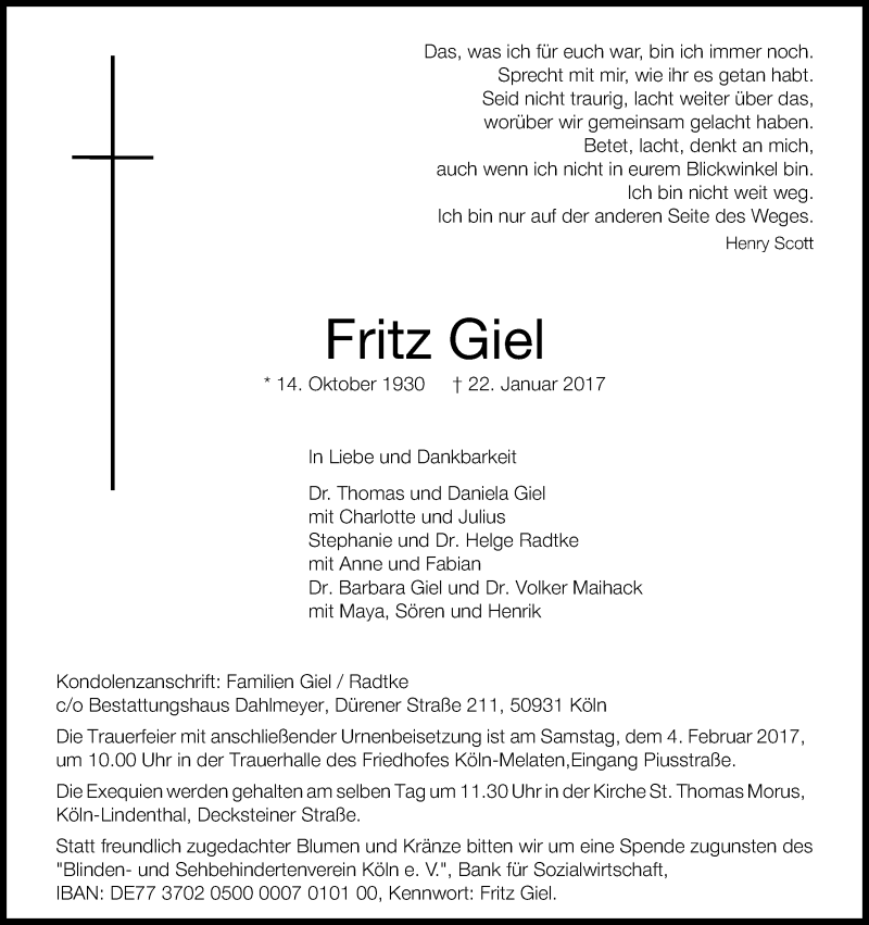  Traueranzeige für Fritz Giel vom 28.01.2017 aus Kölner Stadt-Anzeiger / Kölnische Rundschau / Express