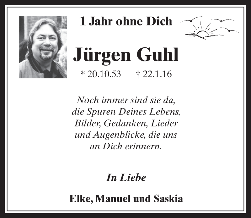  Traueranzeige für Jürgen Guhl vom 21.01.2017 aus  Sonntags-Post 