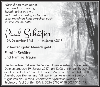 Anzeige von Paul Schäfer von  Kölner Wochenspiegel 