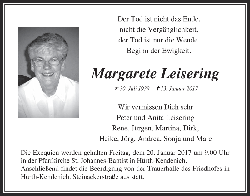  Traueranzeige für Margarete Leisering vom 18.01.2017 aus  Wochenende 