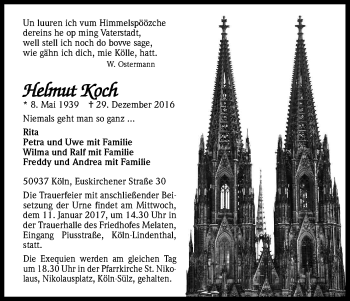 Anzeige von Helmut Koch von Kölner Stadt-Anzeiger / Kölnische Rundschau / Express