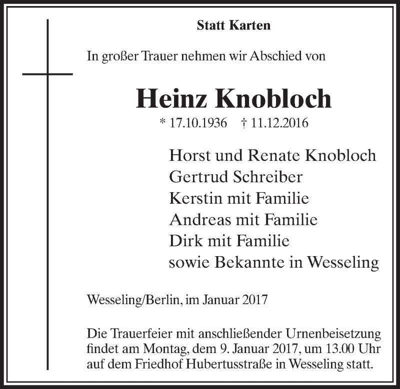 Traueranzeige für Heinz Knobloch vom 04.01.2017 aus  Schlossbote/Werbekurier 