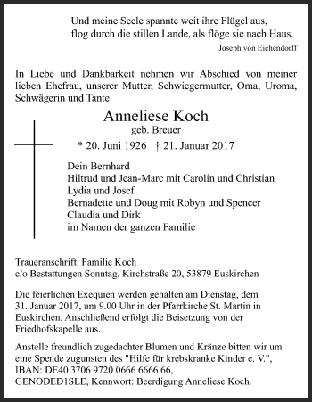 Anzeige von Anneliese Koch von Kölner Stadt-Anzeiger / Kölnische Rundschau / Express