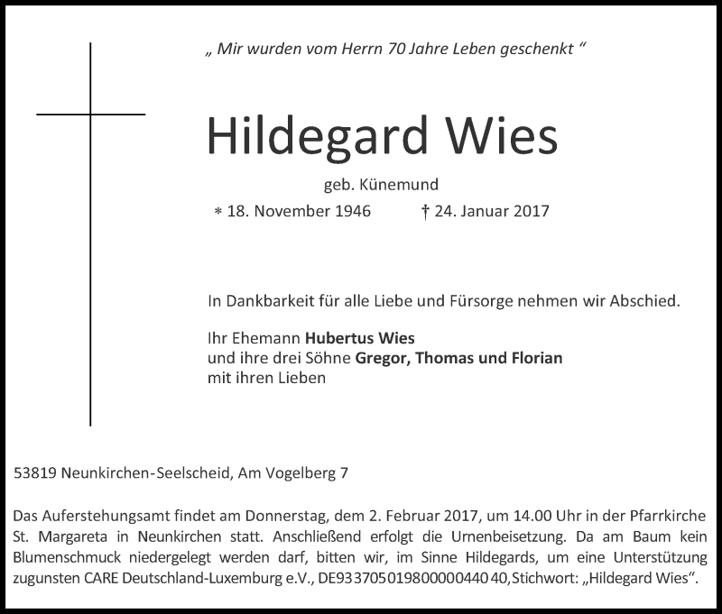  Traueranzeige für Hildegard Wies vom 28.01.2017 aus Kölner Stadt-Anzeiger / Kölnische Rundschau / Express