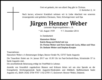 Anzeige von Jürgen Henner Weber von Kölner Stadt-Anzeiger / Kölnische Rundschau / Express
