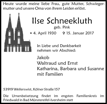 Anzeige von Ilse Schneekluth von Kölner Stadt-Anzeiger / Kölnische Rundschau / Express