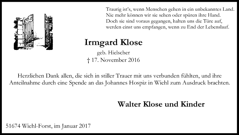  Traueranzeige für Irmgard Klose vom 14.01.2017 aus Kölner Stadt-Anzeiger / Kölnische Rundschau / Express