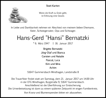 Anzeige von Hans-Gerd Bernatzki von Kölner Stadt-Anzeiger / Kölnische Rundschau / Express