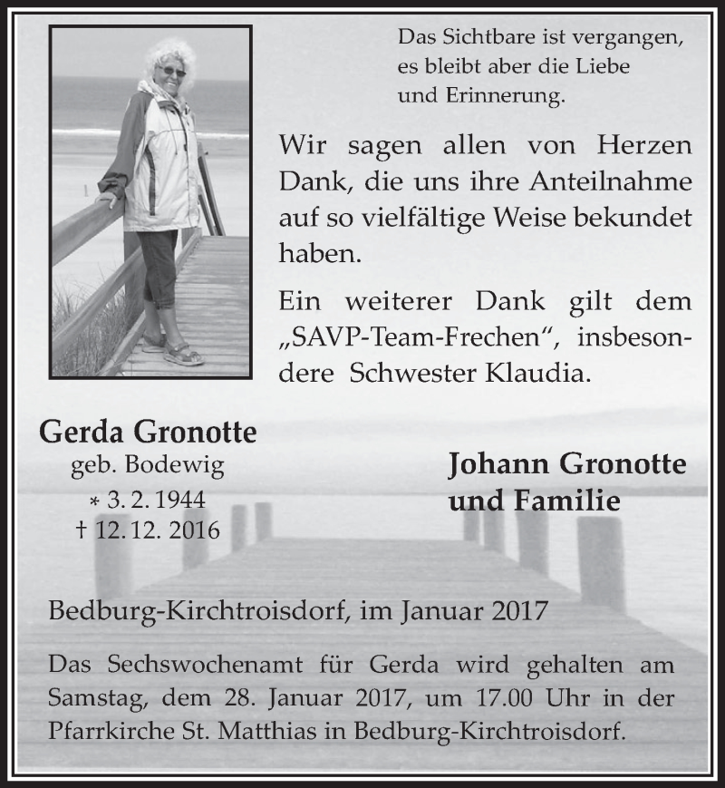  Traueranzeige für Gerda Gronotte vom 18.01.2017 aus  Werbepost 