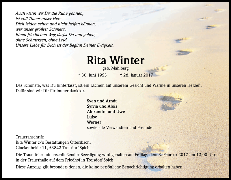  Traueranzeige für Rita Winter vom 01.02.2017 aus Kölner Stadt-Anzeiger / Kölnische Rundschau / Express