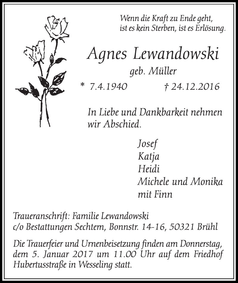  Traueranzeige für Agnes Lewandowski vom 04.01.2017 aus  Schlossbote/Werbekurier 