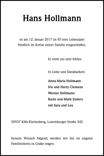 Anzeige von Hans Hollmann von Kölner Stadt-Anzeiger / Kölnische Rundschau / Express