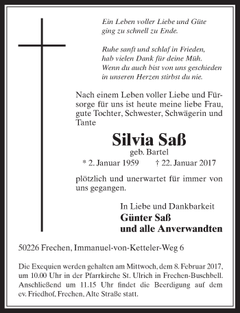 Anzeige von Silvia Saß von  Wochenende 
