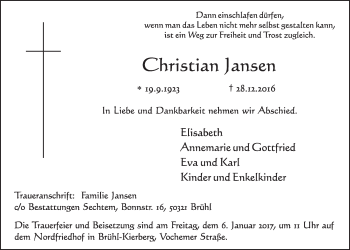 Anzeige von Christian Jansen von  Schlossbote/Werbekurier 