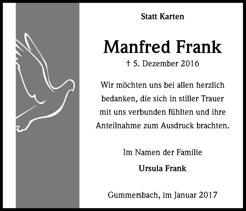  Traueranzeige für Manfred Frank vom 31.01.2017 aus Kölner Stadt-Anzeiger / Kölnische Rundschau / Express