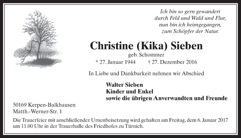  Traueranzeige für Christine Sieben vom 04.01.2017 aus  Werbepost 