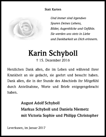 Anzeige von Karin Schyboll von Kölner Stadt-Anzeiger / Kölnische Rundschau / Express