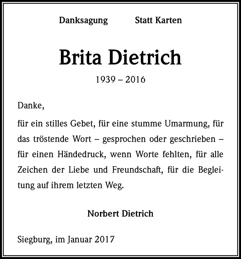  Traueranzeige für Brita Dietrich vom 13.01.2017 aus Kölner Stadt-Anzeiger / Kölnische Rundschau / Express
