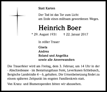Anzeige von Heinrich Boer von Kölner Stadt-Anzeiger / Kölnische Rundschau / Express