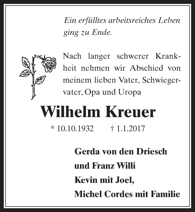  Traueranzeige für Wilhelm Kreuer vom 21.01.2017 aus  Sonntags-Post 