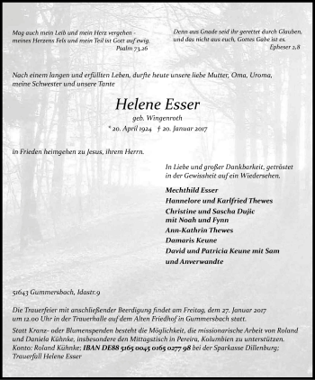 Anzeige von Helene Esser von Kölner Stadt-Anzeiger / Kölnische Rundschau / Express