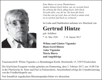 Anzeige von Gertrud Hintze von  Blickpunkt Euskirchen 